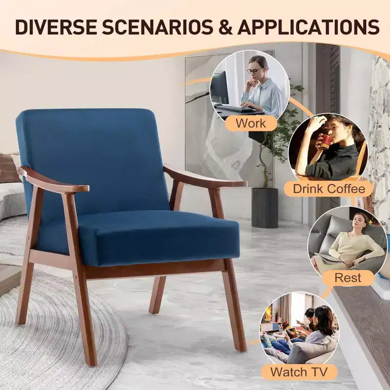 Accent Chair, Living Room Chairs with Solid Wood Frame, Mid Century Modern Chair Ergonomic Backrest for Bedroom, Reading Room