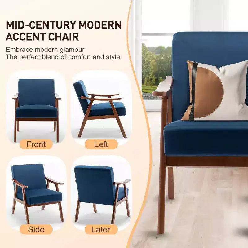Accent Chair, Living Room Chairs with Solid Wood Frame, Mid Century Modern Chair Ergonomic Backrest for Bedroom, Reading Room