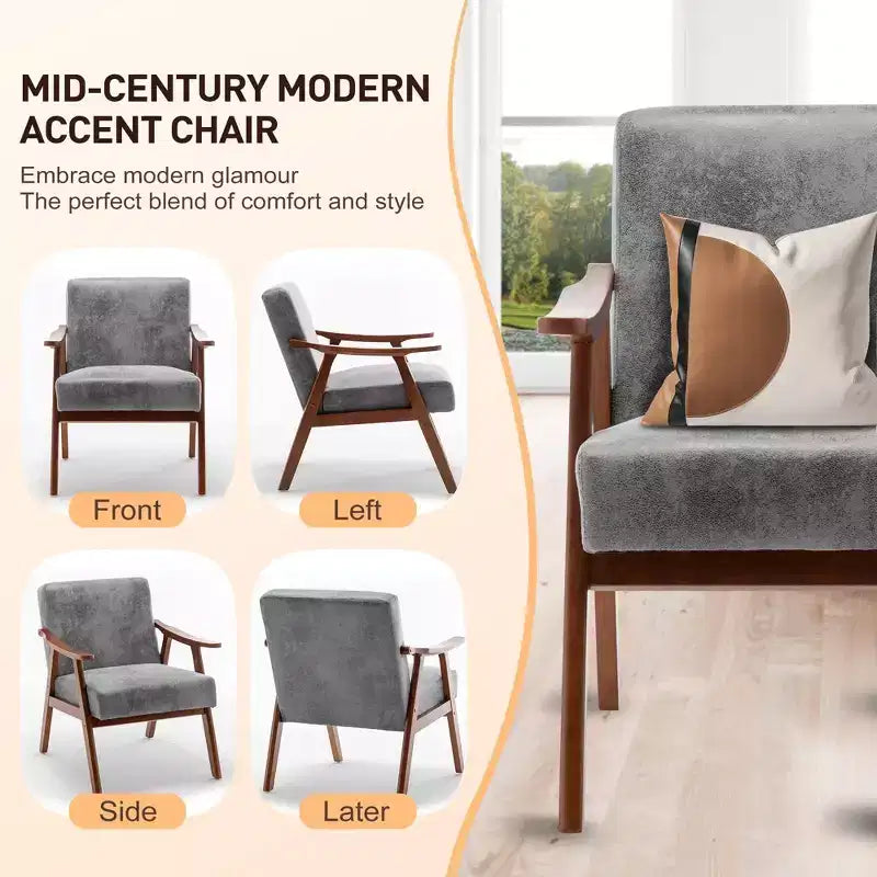 Accent Chair, Living Room Chairs with Solid Wood Frame, Mid Century Modern Chair Ergonomic Backrest for Bedroom, Reading Room