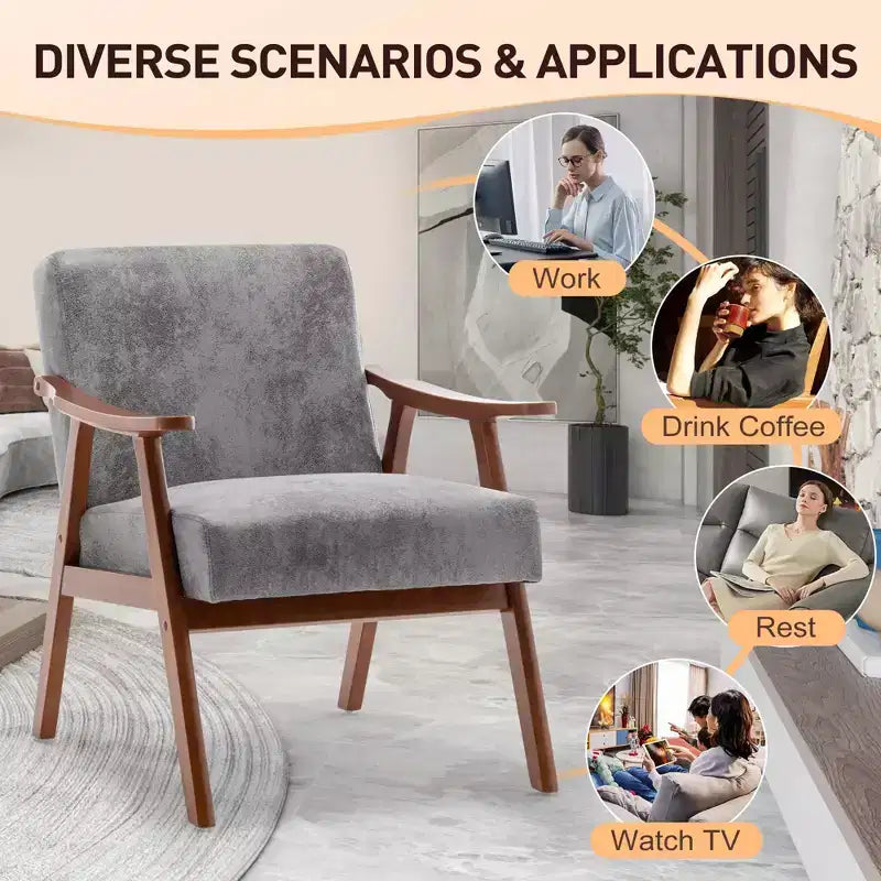 Accent Chair, Living Room Chairs with Solid Wood Frame, Mid Century Modern Chair Ergonomic Backrest for Bedroom, Reading Room