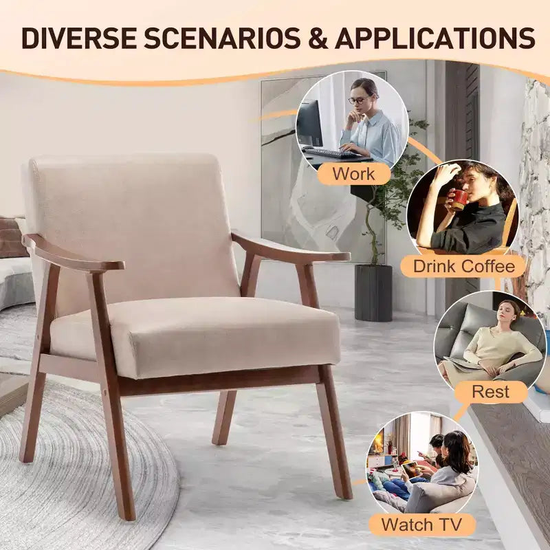Accent Chair, Living Room Chairs with Solid Wood Frame, Mid Century Modern Chair Ergonomic Backrest for Bedroom, Reading Room