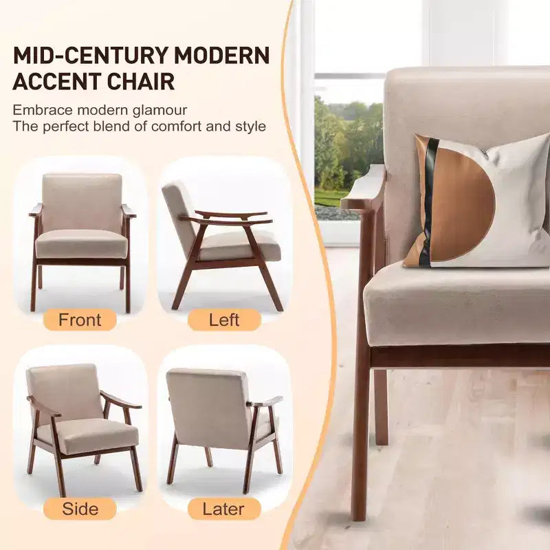 Accent Chair, Living Room Chairs with Solid Wood Frame, Mid Century Modern Chair Ergonomic Backrest for Bedroom, Reading Room