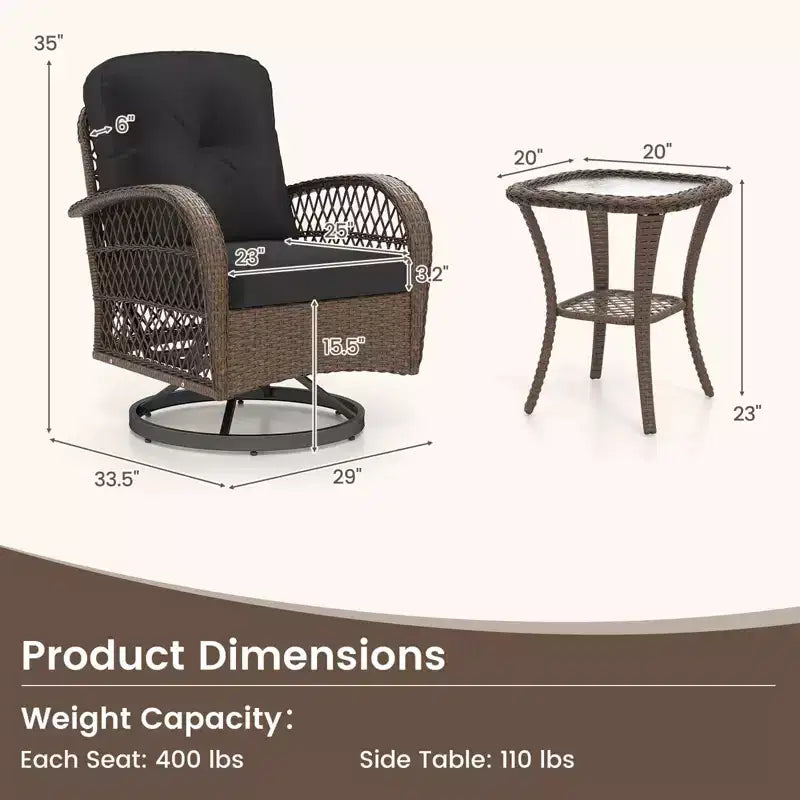 Costway Ensemble de 3 Meubles de Jardin Pivotants et Basculants avec Table en Verre Trempé Beige/Gris/Noir