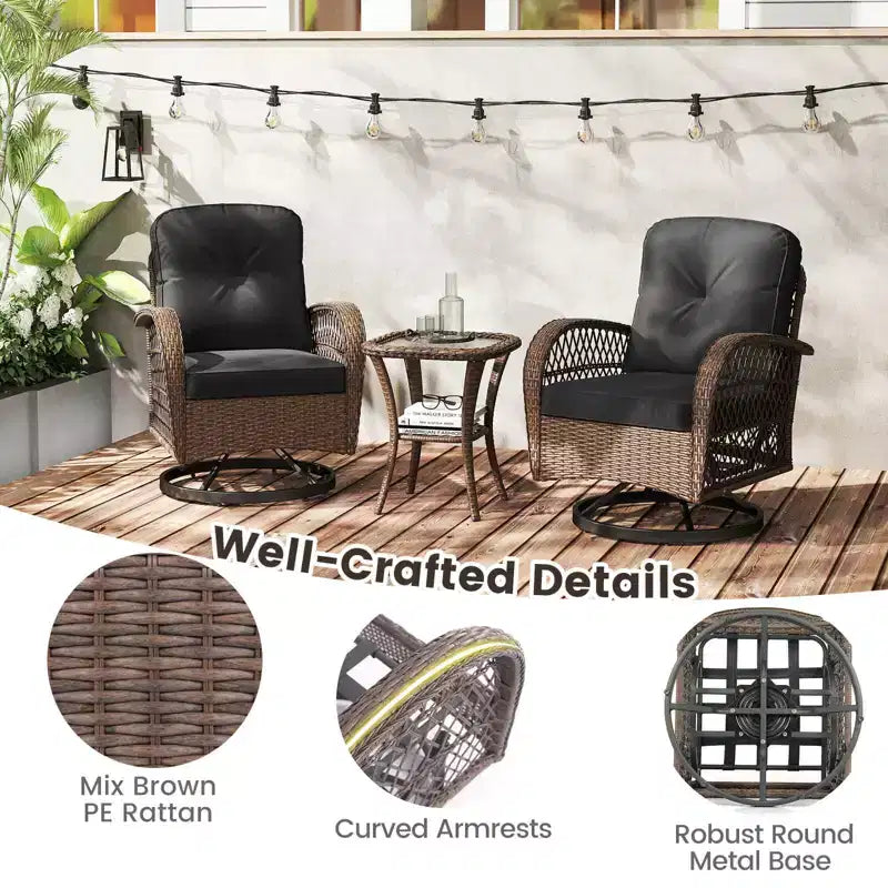 Costway Ensemble de 3 Meubles de Jardin Pivotants et Basculants avec Table en Verre Trempé Beige/Gris/Noir