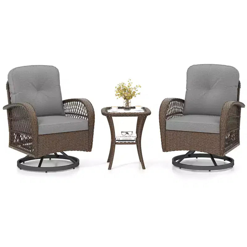 Costway Ensemble de 3 Meubles de Jardin Pivotants et Basculants avec Table en Verre Trempé Beige/Gris/Noir
