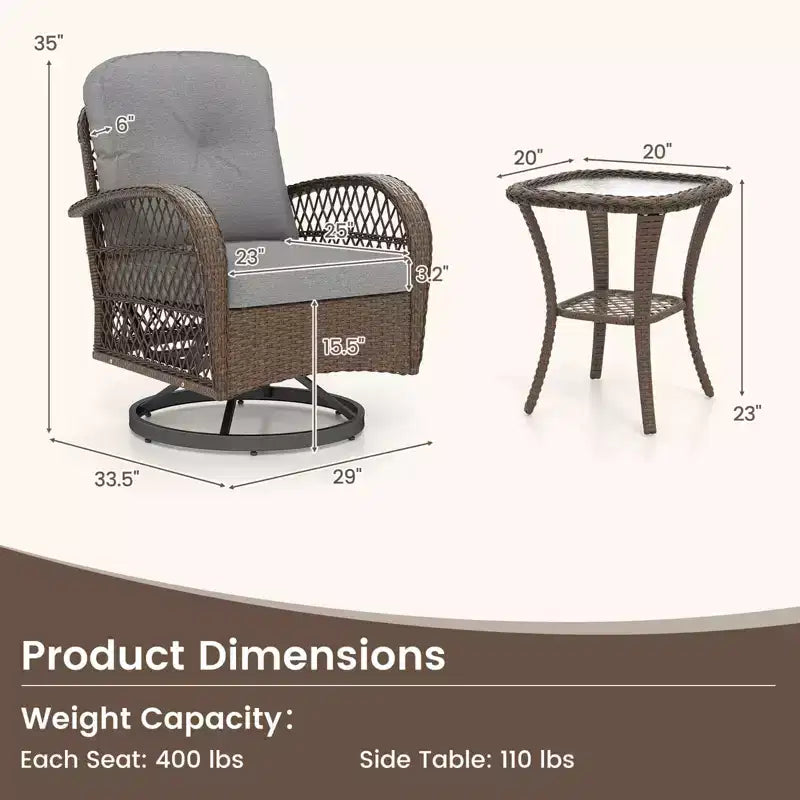 Costway Ensemble de 3 Meubles de Jardin Pivotants et Basculants avec Table en Verre Trempé Beige/Gris/Noir