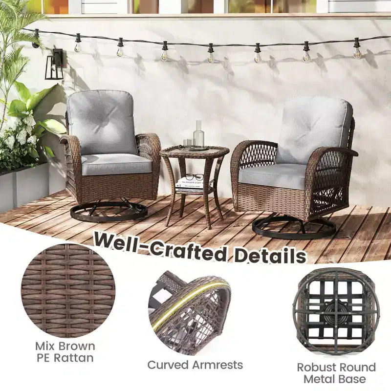 Costway Ensemble de 3 Meubles de Jardin Pivotants et Basculants avec Table en Verre Trempé Beige/Gris/Noir