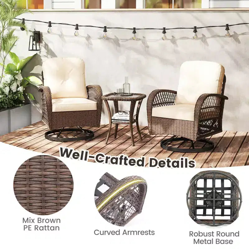 Costway Ensemble de 3 Meubles de Jardin Pivotants et Basculants avec Table en Verre Trempé Beige/Gris/Noir