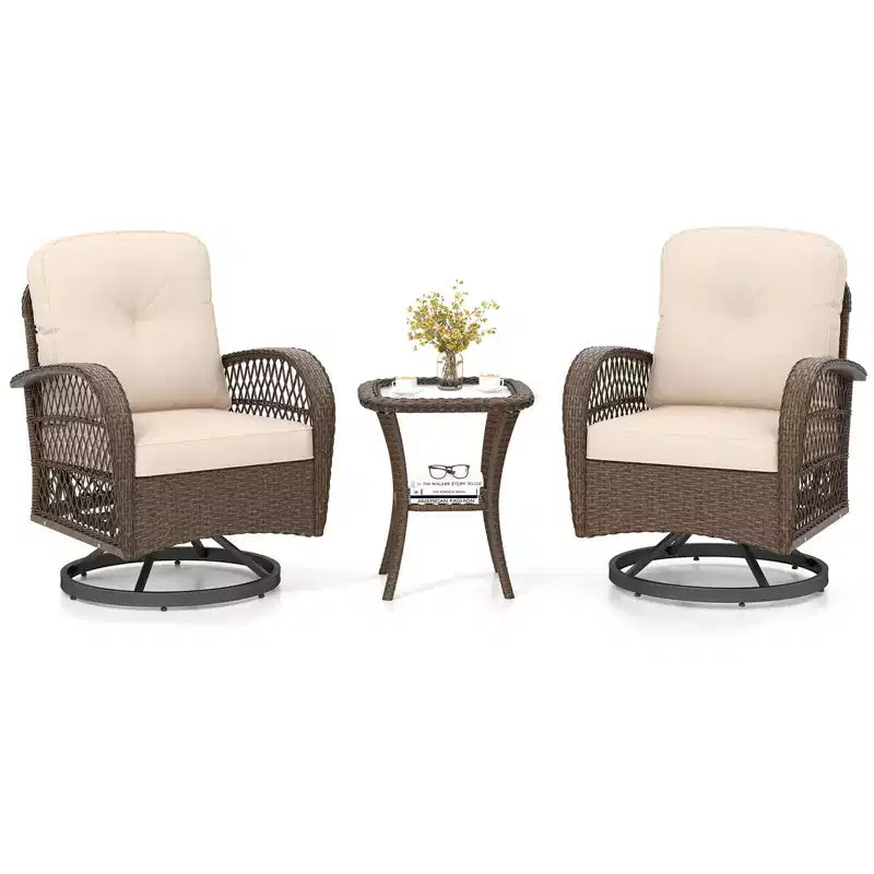 Costway Ensemble de 3 Meubles de Jardin Pivotants et Basculants avec Table en Verre Trempé Beige/Gris/Noir