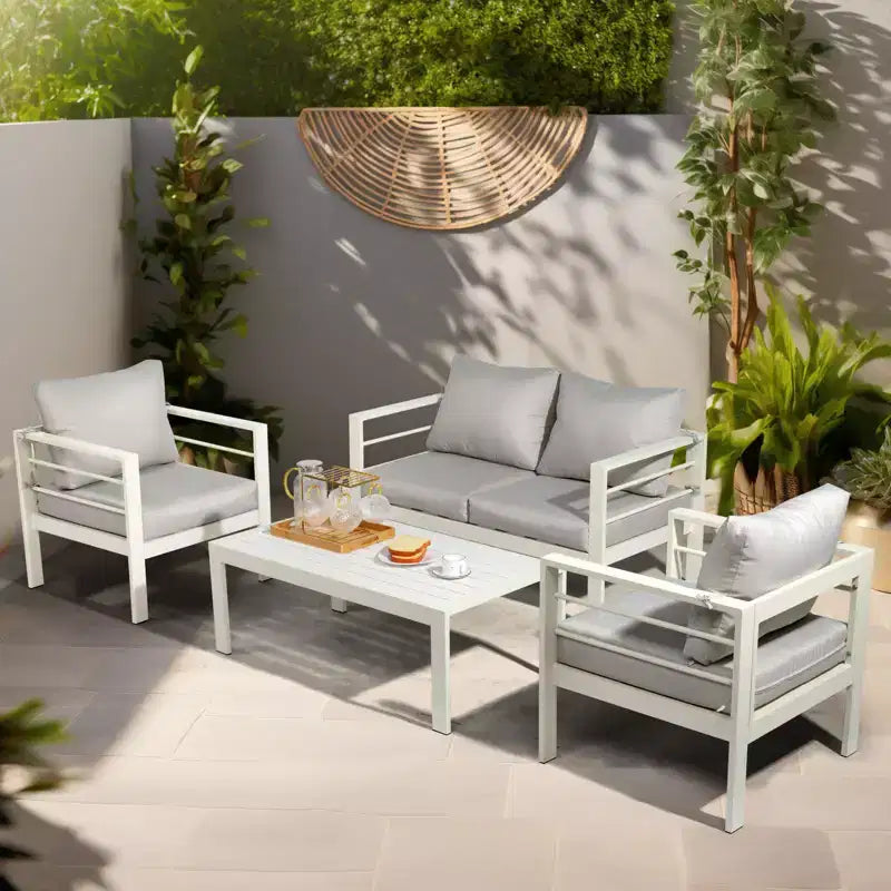 Karl Home White 4-Piece Aluminum Patio Conversation Set with Light Gray Cushions