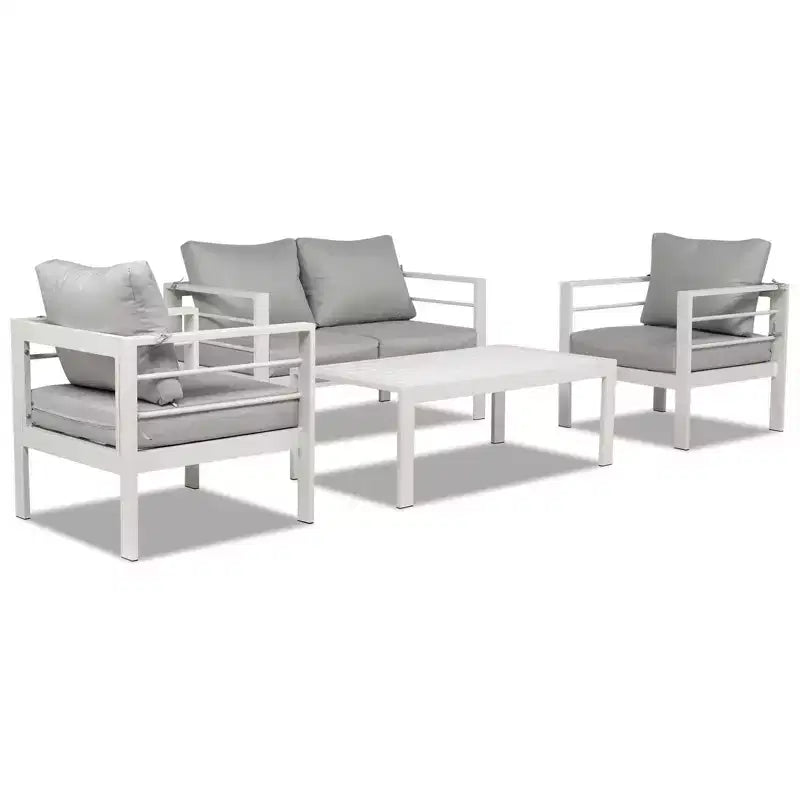Ensemble de conversation d'extérieur Karl Home White de 4 pièces en aluminium avec coussins gris clair