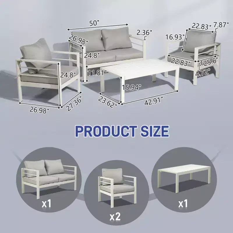 Ensemble de conversation d'extérieur Karl Home White de 4 pièces en aluminium avec coussins gris clair