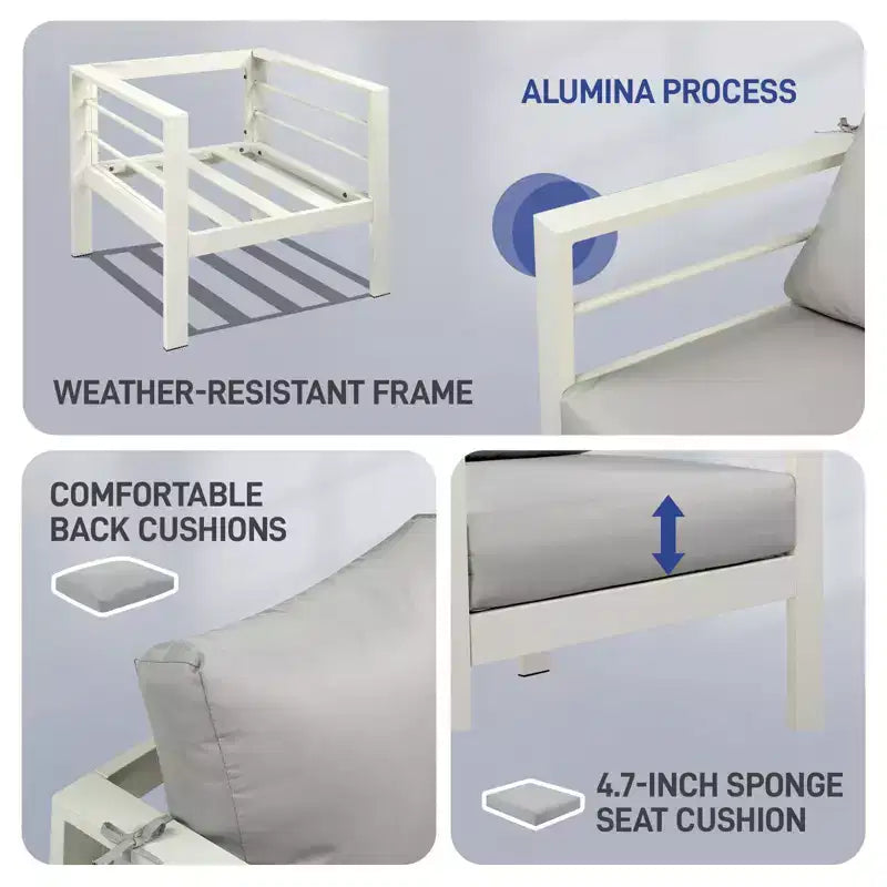 Ensemble de conversation d'extérieur Karl Home White de 4 pièces en aluminium avec coussins gris clair