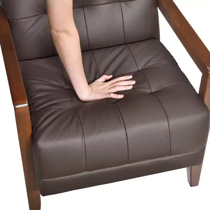 Fauteuil d'appoint confortable en cuir Okak, fauteuil de salon contemporain avec coussin touffeté rembourré, fauteuil en bois au fini noyer
