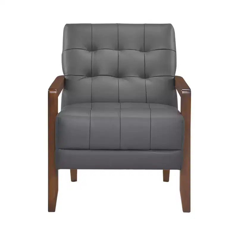 Fauteuil d'appoint confortable en cuir Okak, fauteuil de salon contemporain avec coussin touffeté rembourré, fauteuil en bois au fini noyer