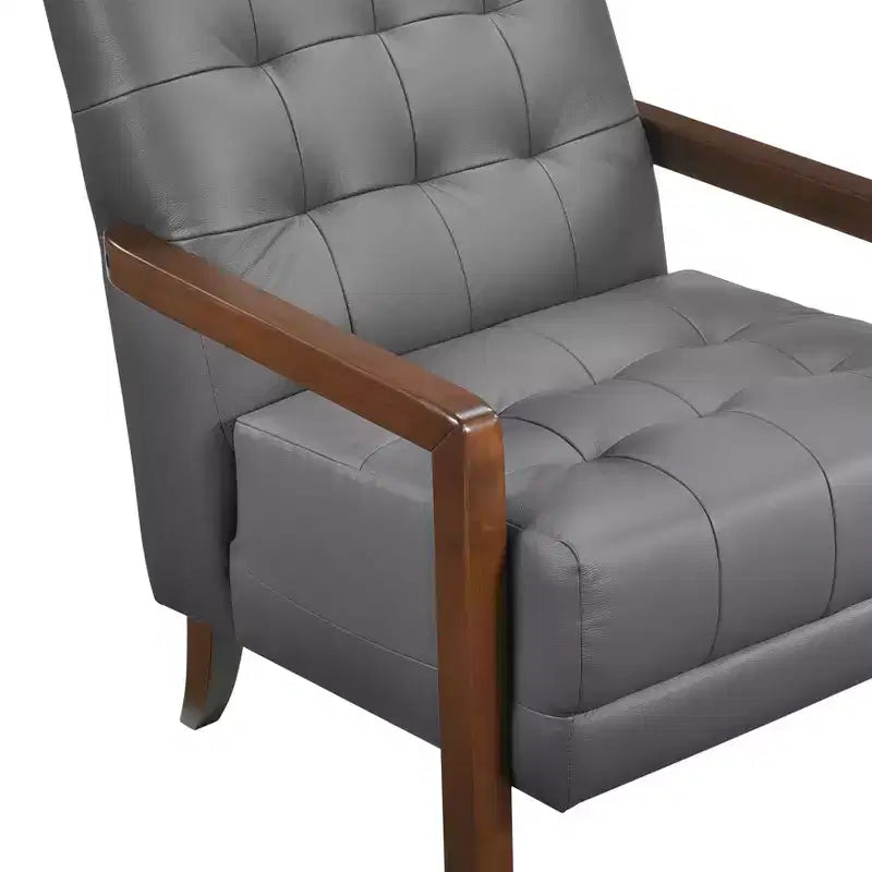 Fauteuil d'appoint confortable en cuir Okak, fauteuil de salon contemporain avec coussin touffeté rembourré, fauteuil en bois au fini noyer