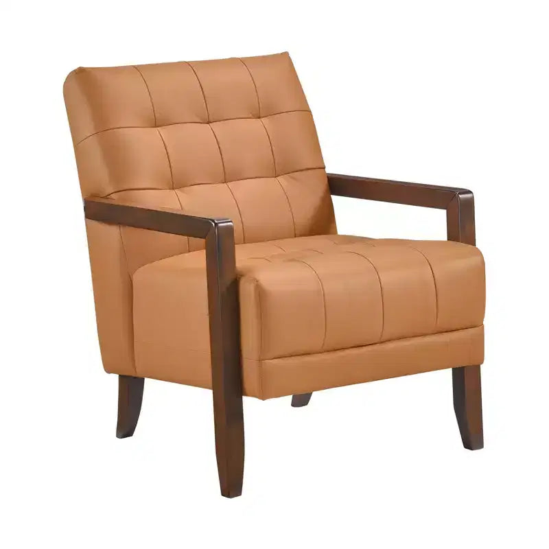 Fauteuil d'appoint confortable en cuir Okak, fauteuil de salon contemporain avec coussin touffeté rembourré, fauteuil en bois au fini noyer