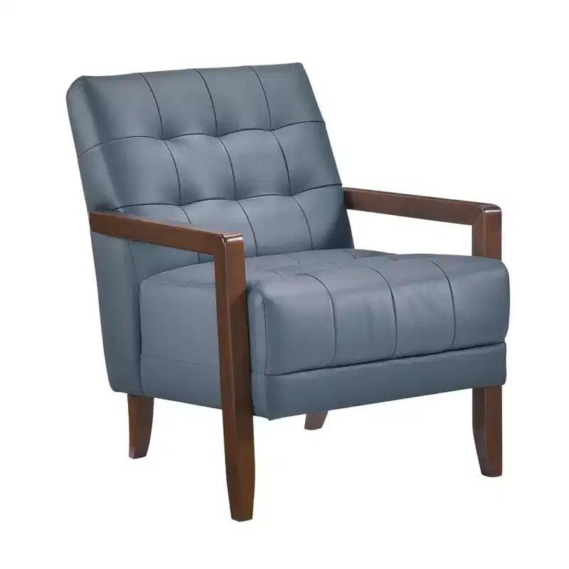 Fauteuil d'appoint confortable en cuir Okak, fauteuil de salon contemporain avec coussin touffeté rembourré, fauteuil en bois au fini noyer