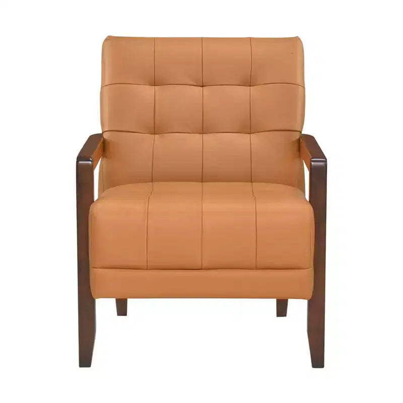 Fauteuil d'appoint confortable en cuir Okak, fauteuil de salon contemporain avec coussin touffeté rembourré, fauteuil en bois au fini noyer