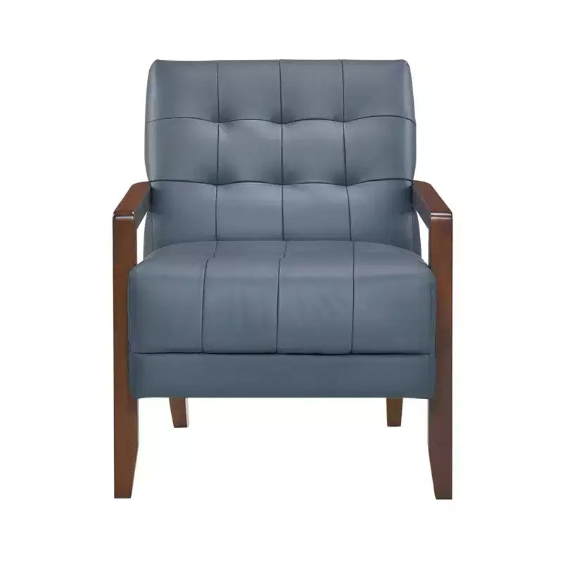 Fauteuil d'appoint confortable en cuir Okak, fauteuil de salon contemporain avec coussin touffeté rembourré, fauteuil en bois au fini noyer