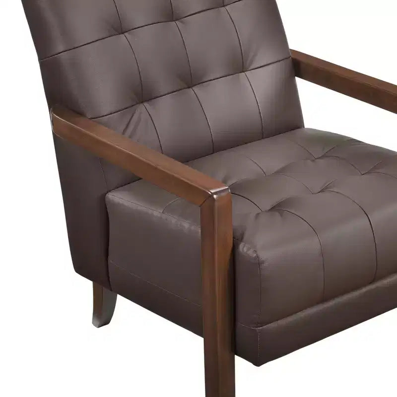 Fauteuil d'appoint confortable en cuir Okak, fauteuil de salon contemporain avec coussin touffeté rembourré, fauteuil en bois au fini noyer