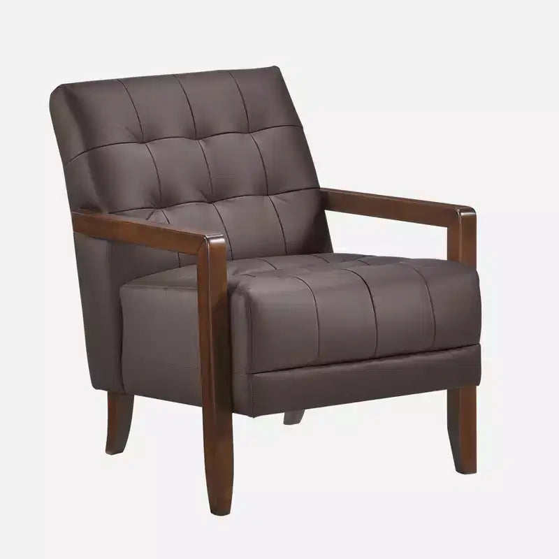 Fauteuil d'appoint confortable en cuir Okak, fauteuil de salon contemporain avec coussin touffeté rembourré, fauteuil en bois au fini noyer