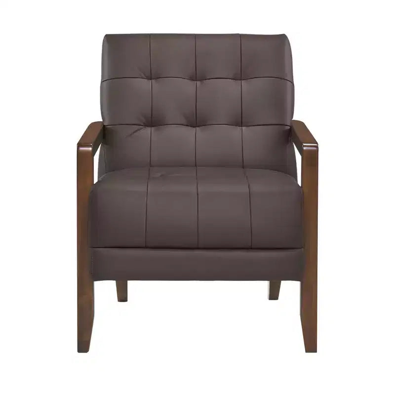 Fauteuil d'appoint confortable en cuir Okak, fauteuil de salon contemporain avec coussin touffeté rembourré, fauteuil en bois au fini noyer