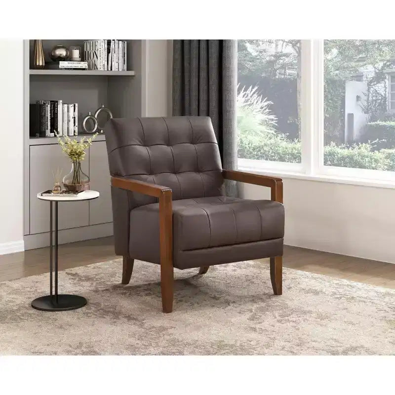 Fauteuil d'appoint confortable en cuir Okak, fauteuil de salon contemporain avec coussin touffeté rembourré, fauteuil en bois au fini noyer