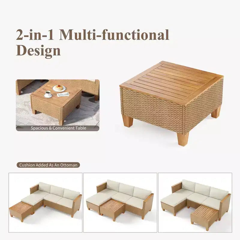 Captiva Designs Salon de conversation 3 pièces en osier pour patio avec table basse à plateau en bois