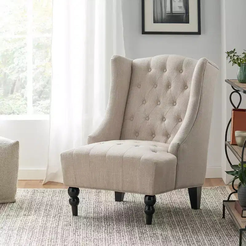 Okak Elegant Accent Chair Button-Tufted Living Room Chair with Upholstered Cushion Club Chair with Wood Legs High Back for Reading Room Bedroom, Beige