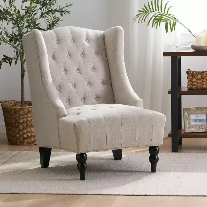 Fauteuil d'appoint élégant Okak avec boutons touffetés, fauteuil de salon avec coussin rembourré, fauteuil club avec pieds en bois, dossier haut pour salle de lecture, chambre à coucher, beige