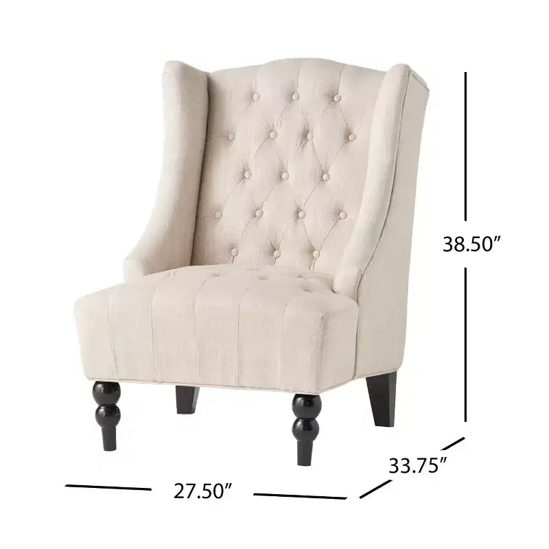 Fauteuil d'appoint élégant Okak avec boutons touffetés, fauteuil de salon avec coussin rembourré, fauteuil club avec pieds en bois, dossier haut pour salle de lecture, chambre à coucher, beige