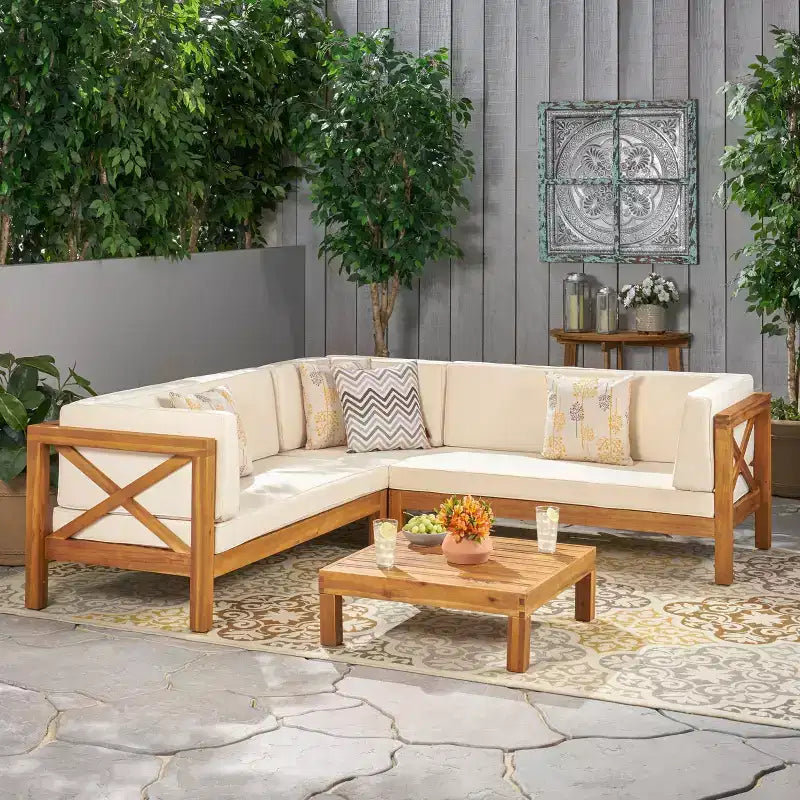 GDFStudio Keith Outdoor Acacia Wood 5 Seater Sectional Sofa Chat Set with Water-Resistant Cushions