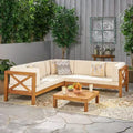GDFStudio Keith Outdoor Acacia Wood 5 Seater Sectional Sofa Chat Set with Water-Resistant Cushions