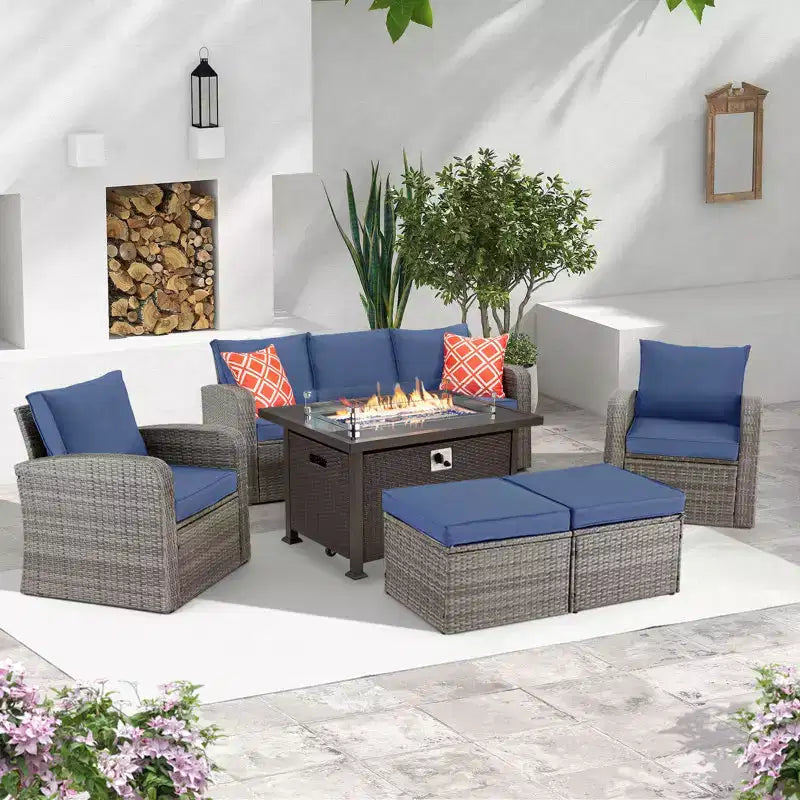 Ensemble de meubles de jardin EROMMY 7 places en osier/rotin avec table brasero