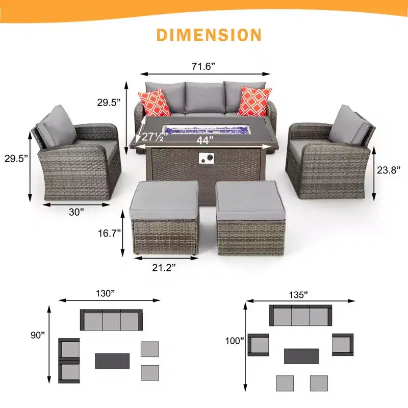 Ensemble de meubles de jardin EROMMY 7 places en osier/rotin avec table brasero