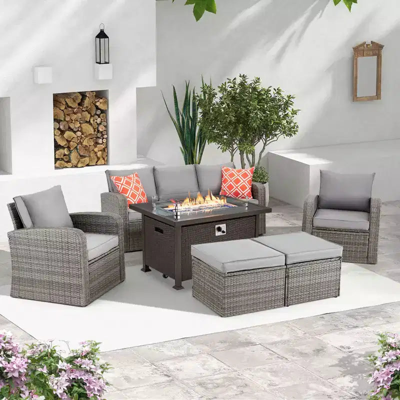 Ensemble de meubles de jardin EROMMY 7 places en osier/rotin avec table brasero