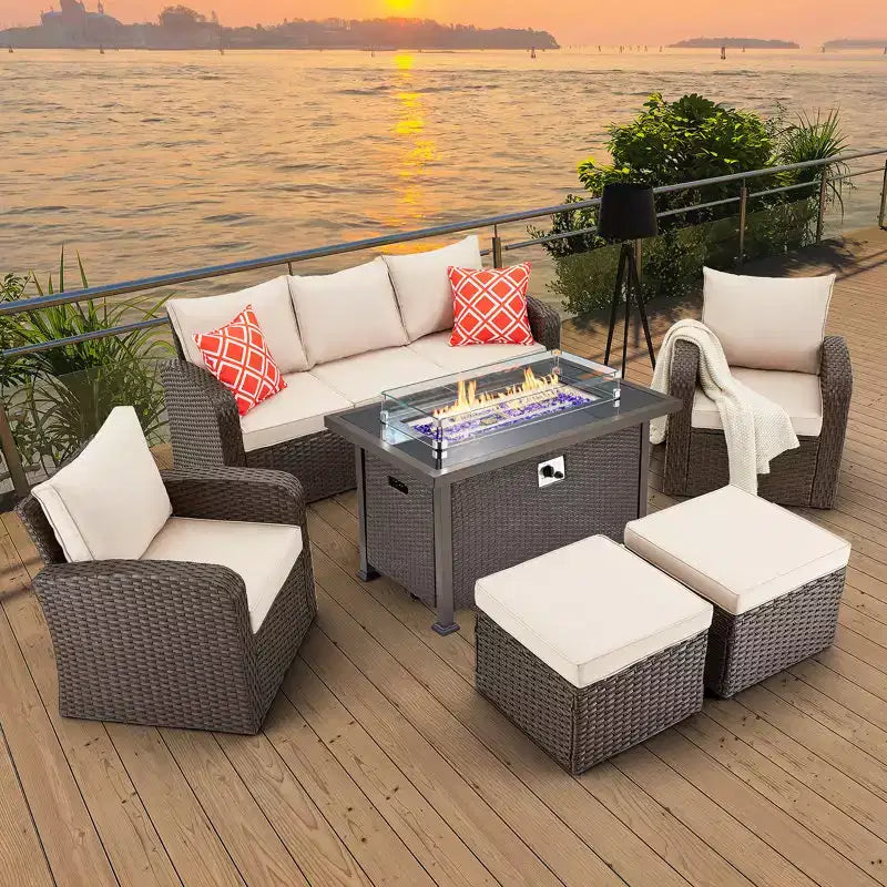 Ensemble de meubles de jardin EROMMY 7 places en osier/rotin avec table brasero