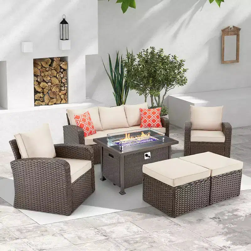 EROMMY Wicker/Rattan 7 - Person Seating Group with Fire Pit Table