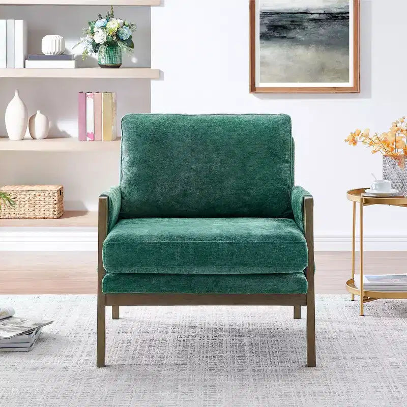 Okak Modern Velvet Accent Chair Living Room Chair with Upholstered Mid-Century Stylish Armchair with Rubber Wood Legs for Reading Room Bedroom