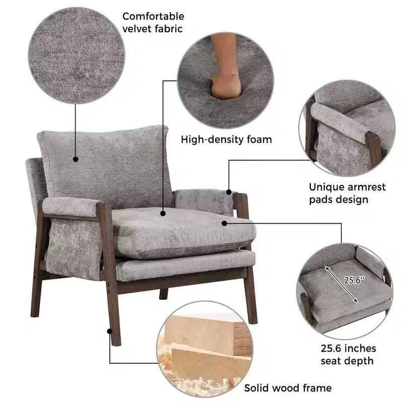 Fauteuil d'appoint en velours Okak Mid-Century Modern, fauteuil moelleux avec cadre en bois d'hévéa massif pour salon, chambre, bureau
