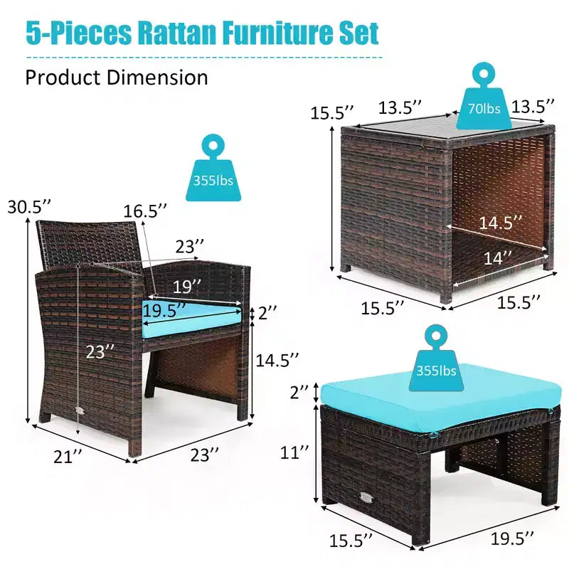 Costway Ensemble de Meubles de Patio en Rotin 5 Pièces Canapé Ottoman avec Coussins