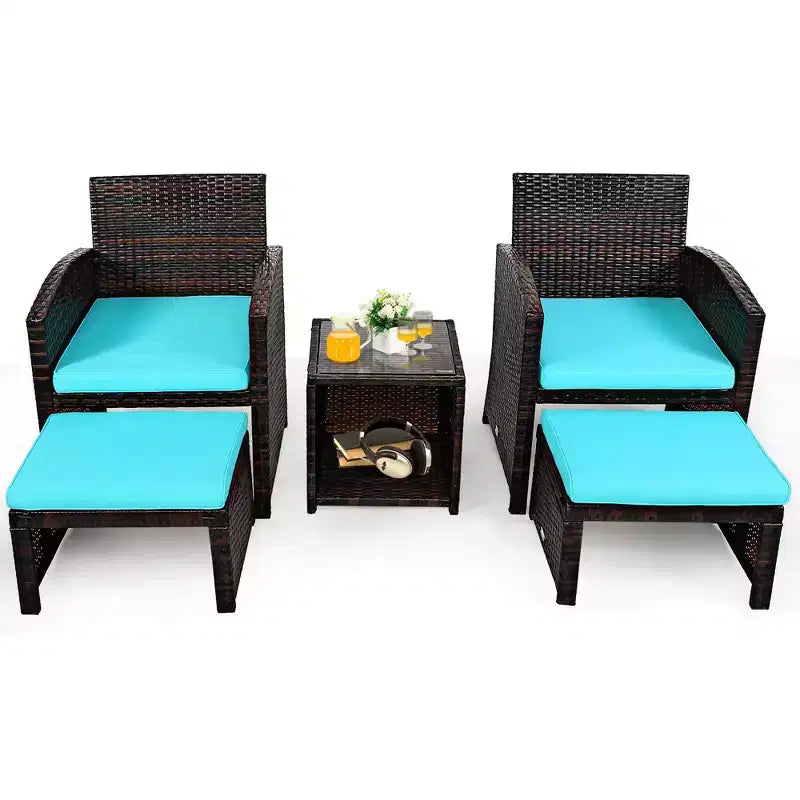 Costway Ensemble de Meubles de Patio en Rotin 5 Pièces Canapé Ottoman avec Coussins