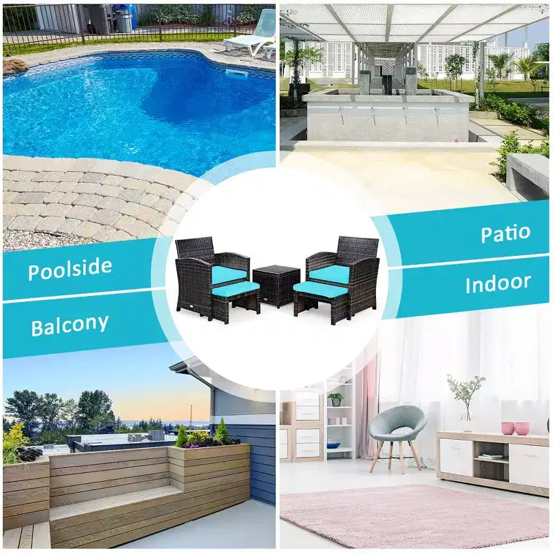 Costway Ensemble de Meubles de Patio en Rotin 5 Pièces Canapé Ottoman avec Coussins