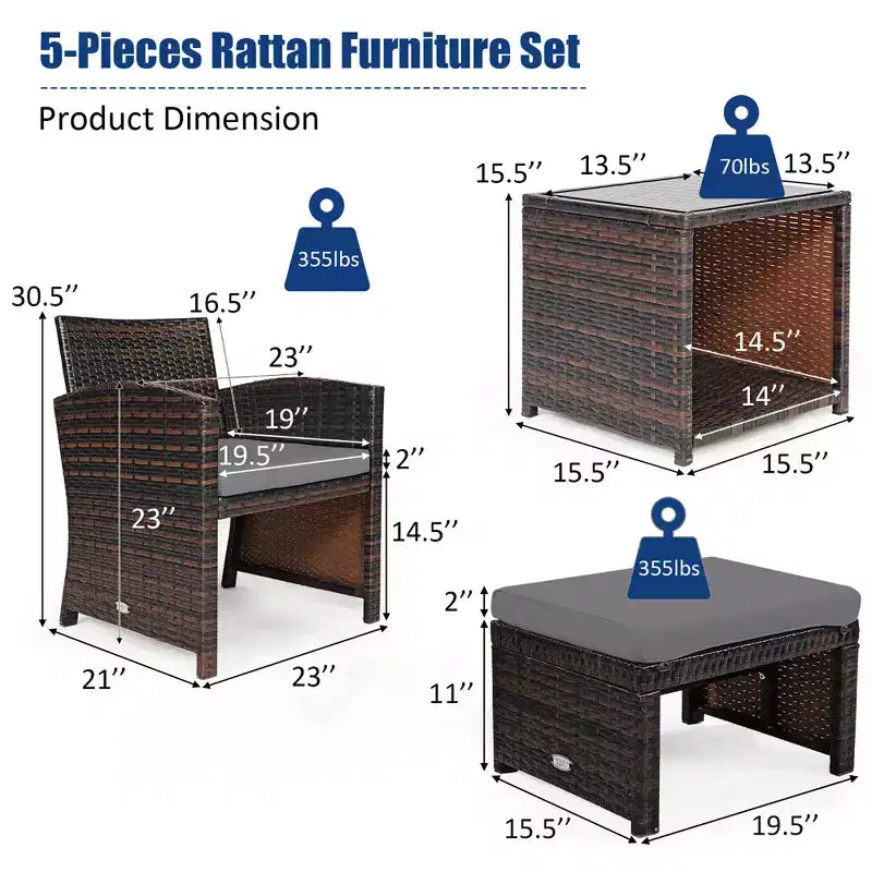 Costway Ensemble de Meubles de Patio en Rotin 5 Pièces Canapé Ottoman avec Coussins