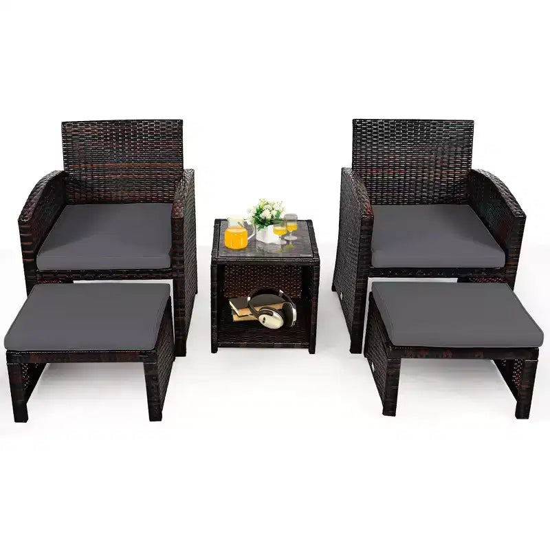 Costway Ensemble de Meubles de Patio en Rotin 5 Pièces Canapé Ottoman avec Coussins