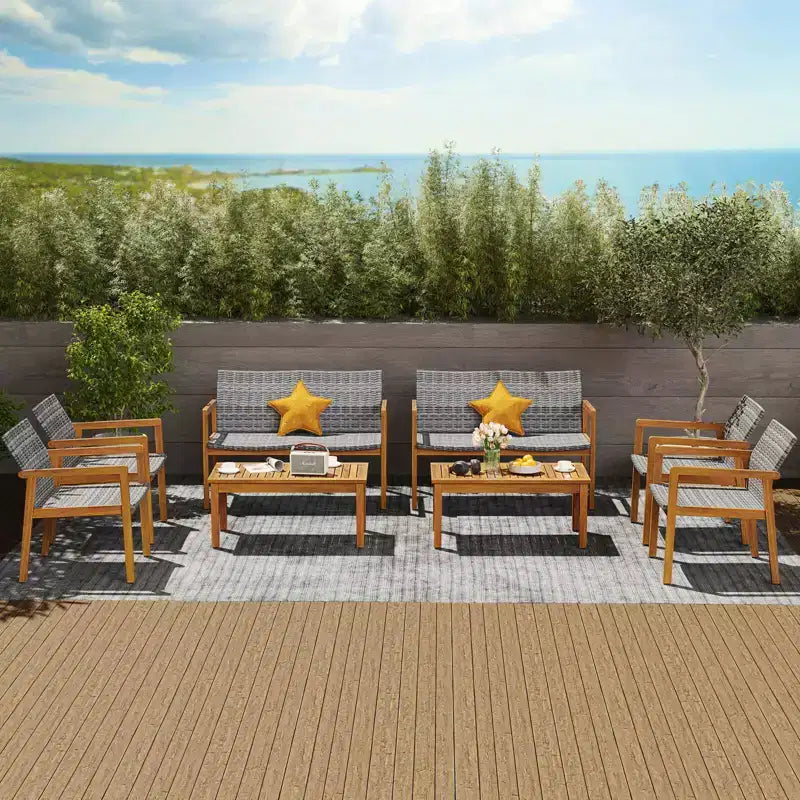 Costway 8 Pieces Outdoor Furniture Set, Acacia Wood Frame Sofa Set with Rattan Seat