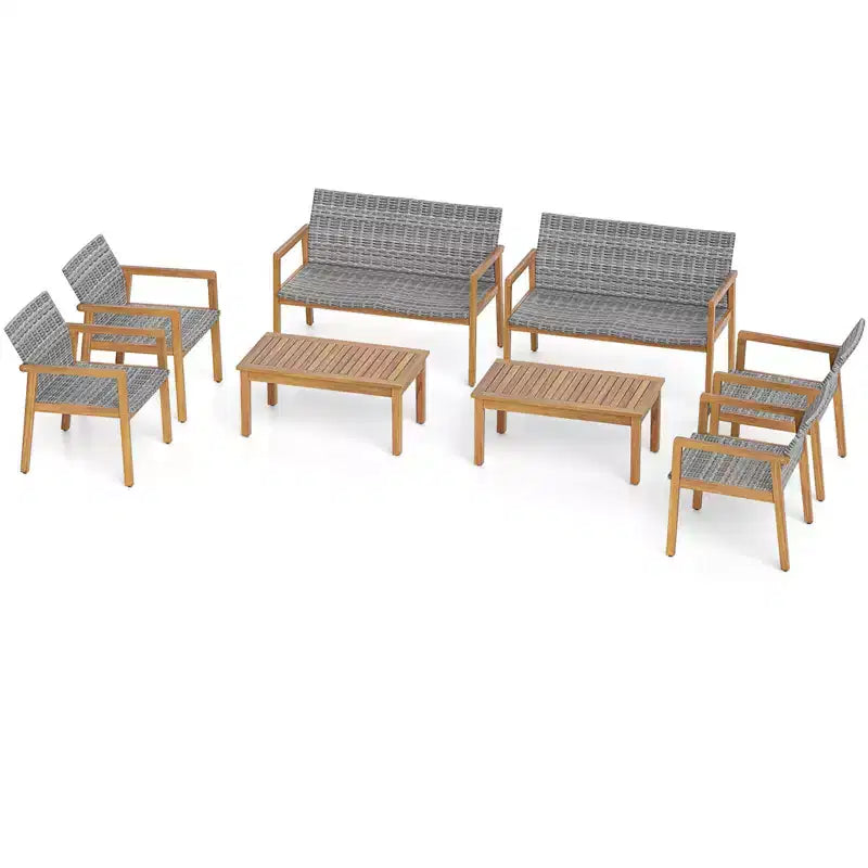 Ensemble de meubles d'extérieur Costway 8 pièces, ensemble de canapés à cadre en bois d'acacia avec assise en rotin