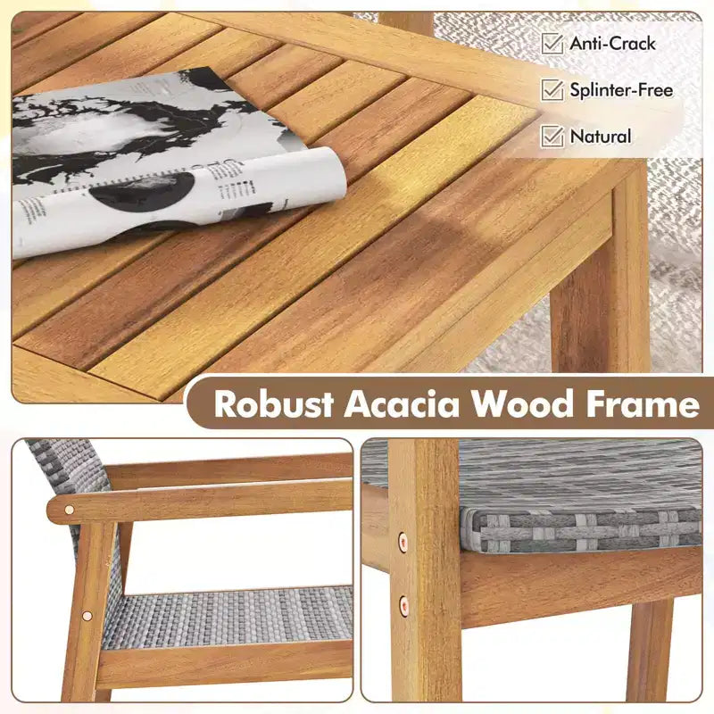 Ensemble de meubles d'extérieur Costway 8 pièces, ensemble de canapés à cadre en bois d'acacia avec assise en rotin