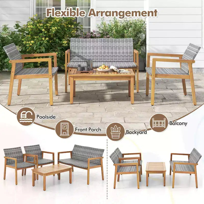 Ensemble de meubles d'extérieur Costway 8 pièces, ensemble de canapés à cadre en bois d'acacia avec assise en rotin